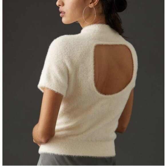 Anthropologie Maeve Sweater Top Medium Mock Neck Open Back Short Sleeve Ivory - Picture 1 of 14